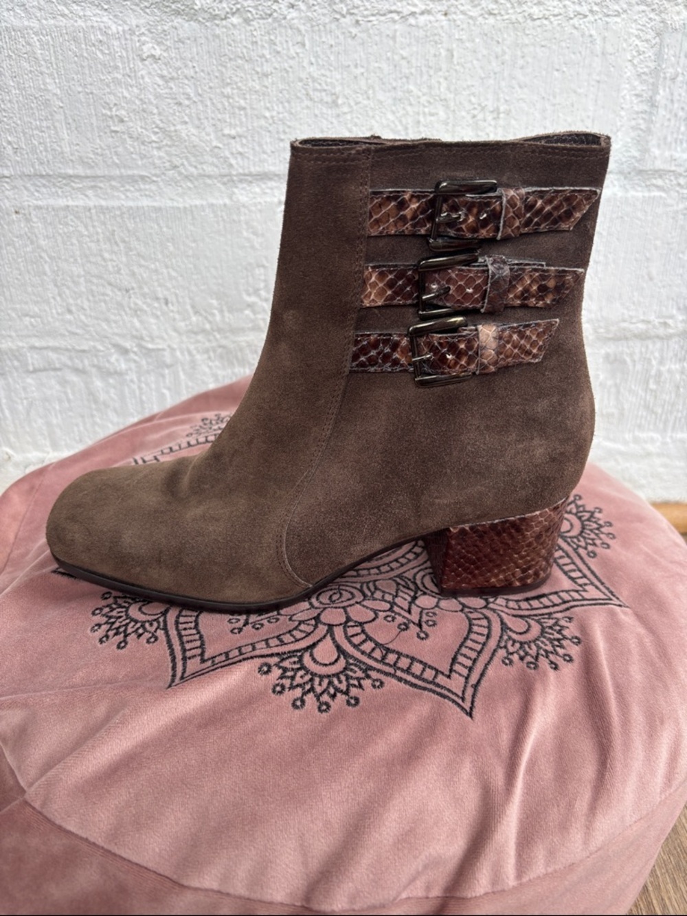 Weekend Max Mara Leather Suede Brown Suede Ankle Bootie with Buckle Straps